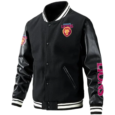 Brisbane Lions AFL Exclusive Logo Leather Baseball Jacket Sleeves HOAFL310525BBJ01BL