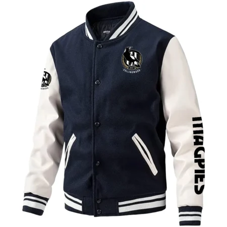 Collingwood Magpies AFL Exclusive Logo Leather Baseball Jacket Sleeves HOAFL310525BBJ01COLL