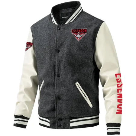 Essendon Bombers AFL Exclusive Logo Leather Baseball Jacket Sleeves HOAFL310525BBJ01ESS