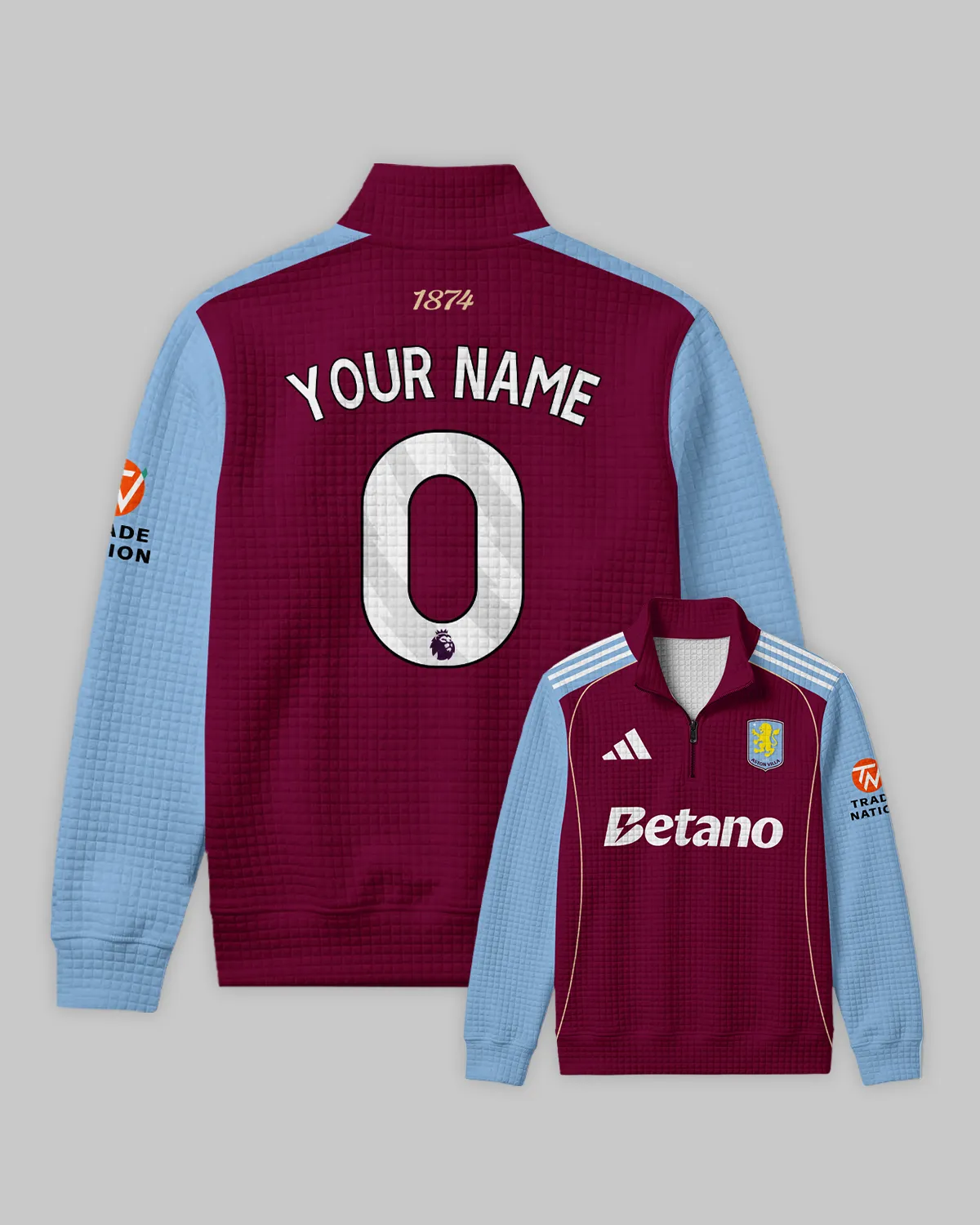 Aston Villa 25/26 Home Kit Quarter Zip Quilted Waffle All Over Prints - Gift for Aston Villa Fans QTVA2302AVL01-YVF